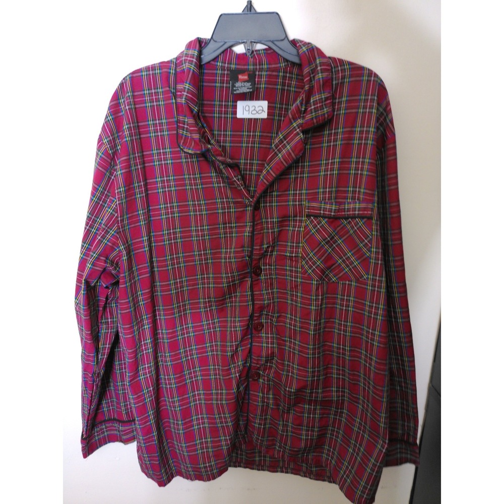 Hanes Pajama Top Mens Large Red Plaid Tartan Long Sleeve Button Up Sleep Shirt